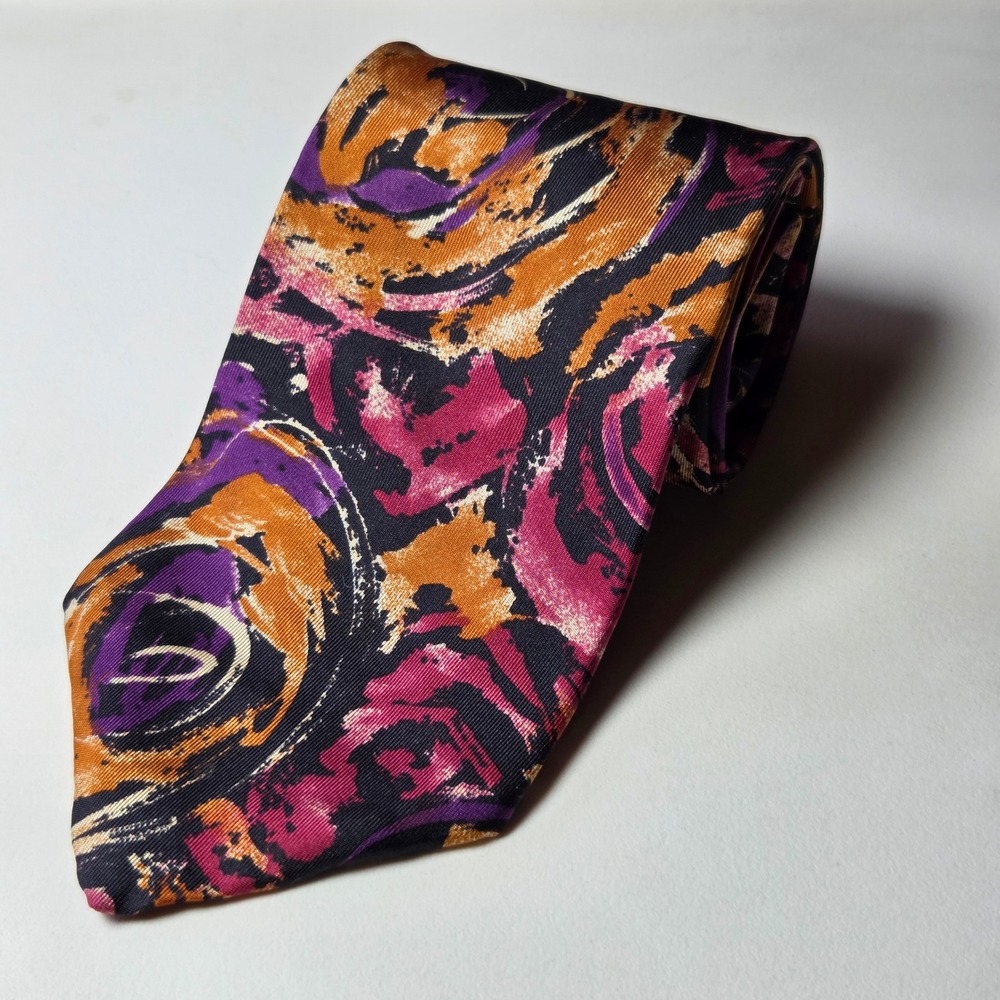 Perry Ellis Portfolio Mens Silk Tie Abstract Floral Purple Gold‎ Italian Fabric